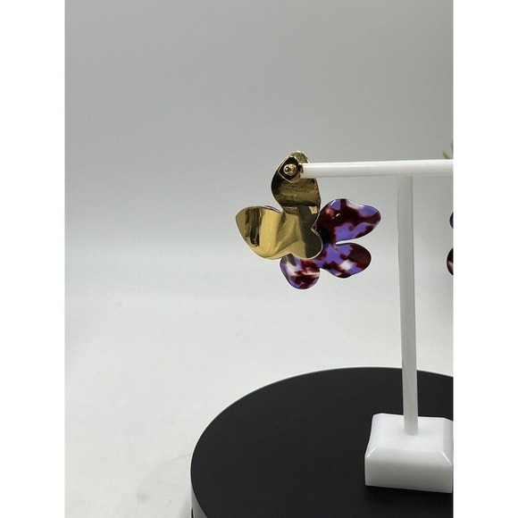 Kate Spade Large Purple Brown Floral PETAL PUSHER Gold Plated Statement Earring - Picture 8 of 15